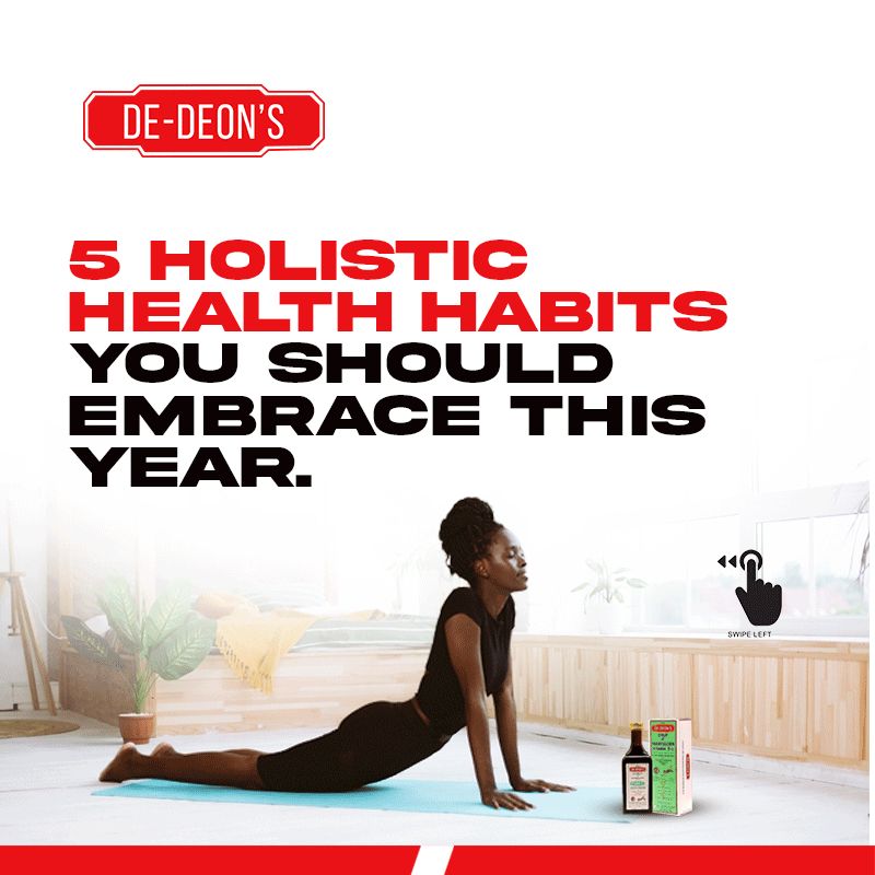 A woman exercising with De-deon's Syrup of Haemoglobin in front of her. The design reads: 5 Holistic Health Habits You Should Embrace this Year.